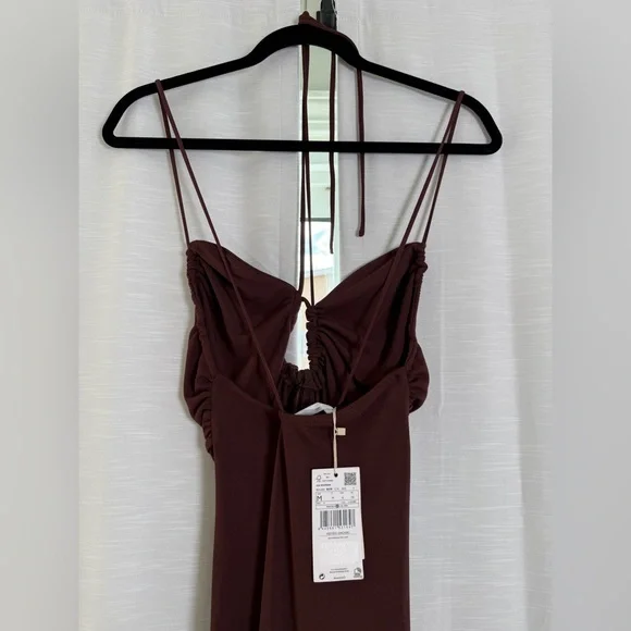 MANGO Chocolate Brown Ruched Cutout Maxi Dress | Vacation, Date Night Size M - Picture 9 of 11